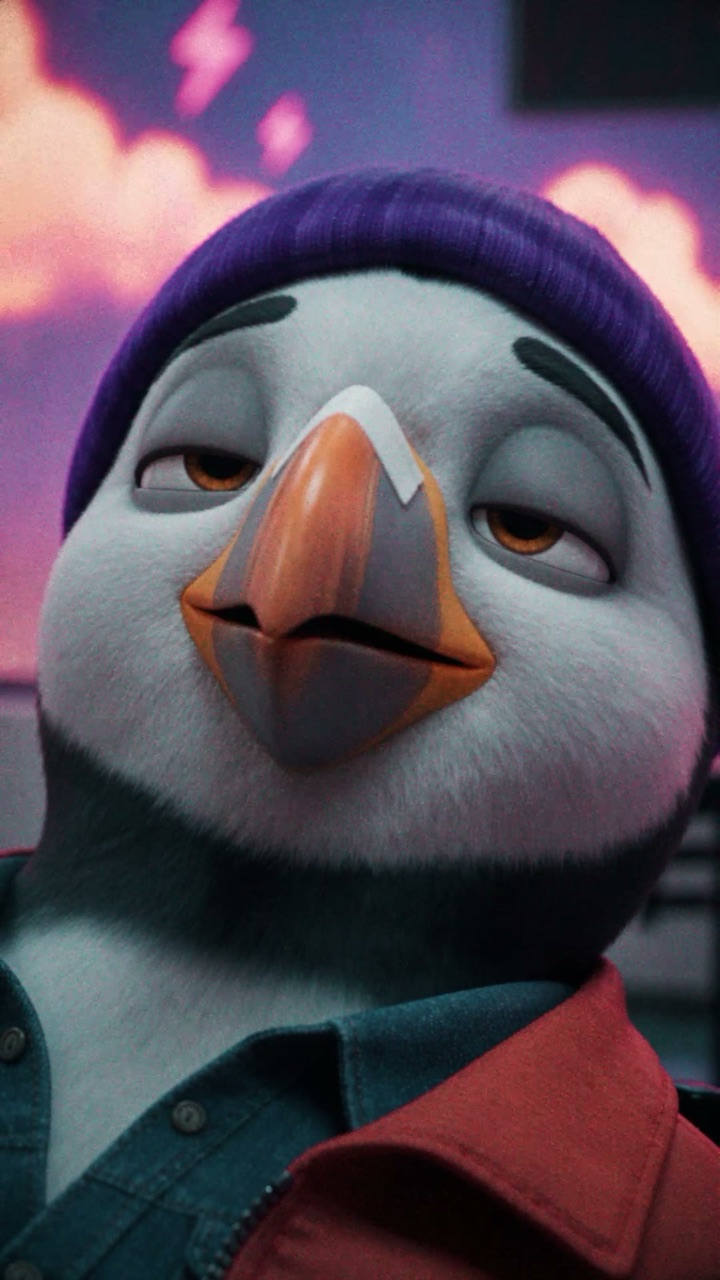 Close-up of Puffin in the pizzeria, smiling