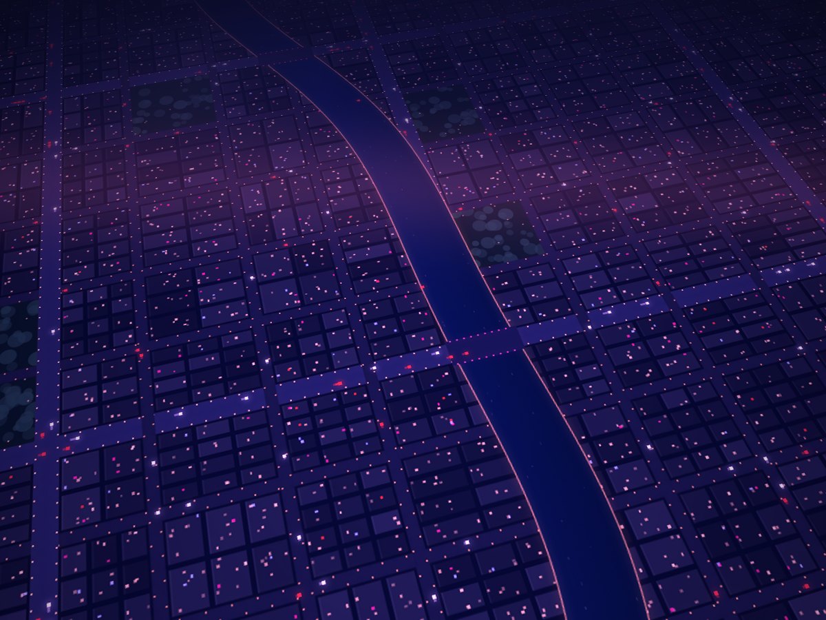 A night city with a river seen from above in violet light