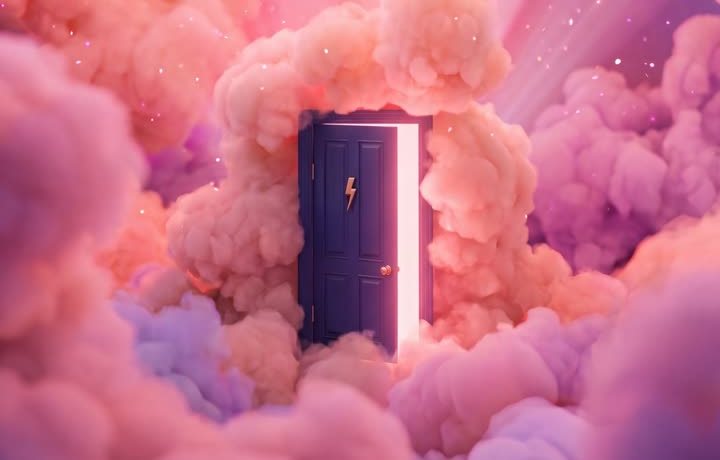 A glowing door standing in pink clouds