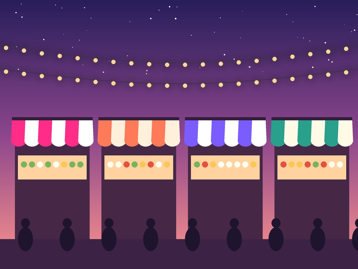 Illustration of market stalls under string lights at dusk