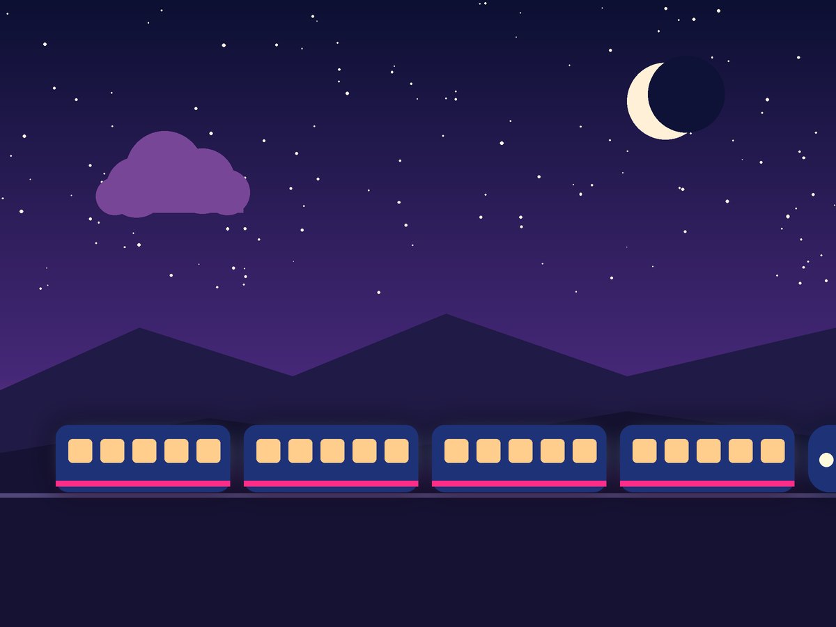 Illustration of a lit night train under the moon