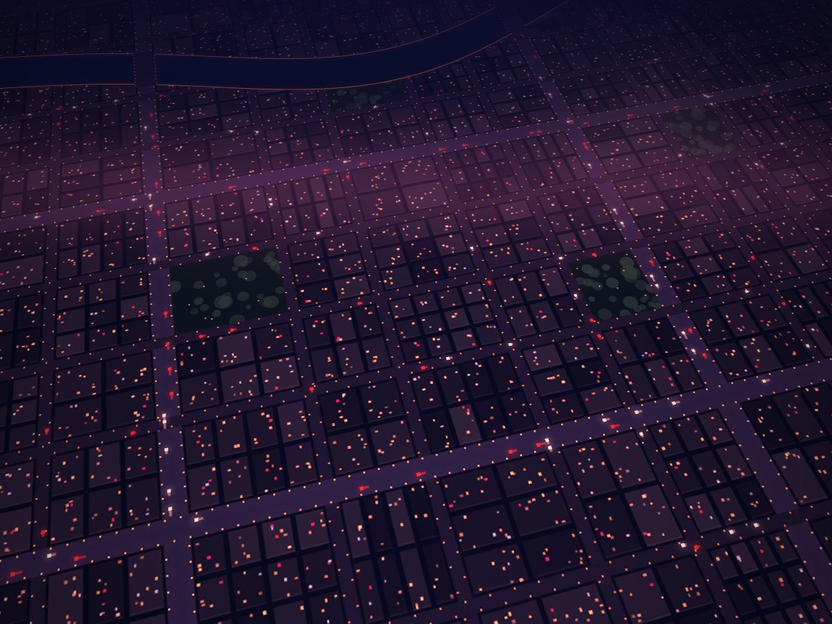 A night city seen from above in warm coral light