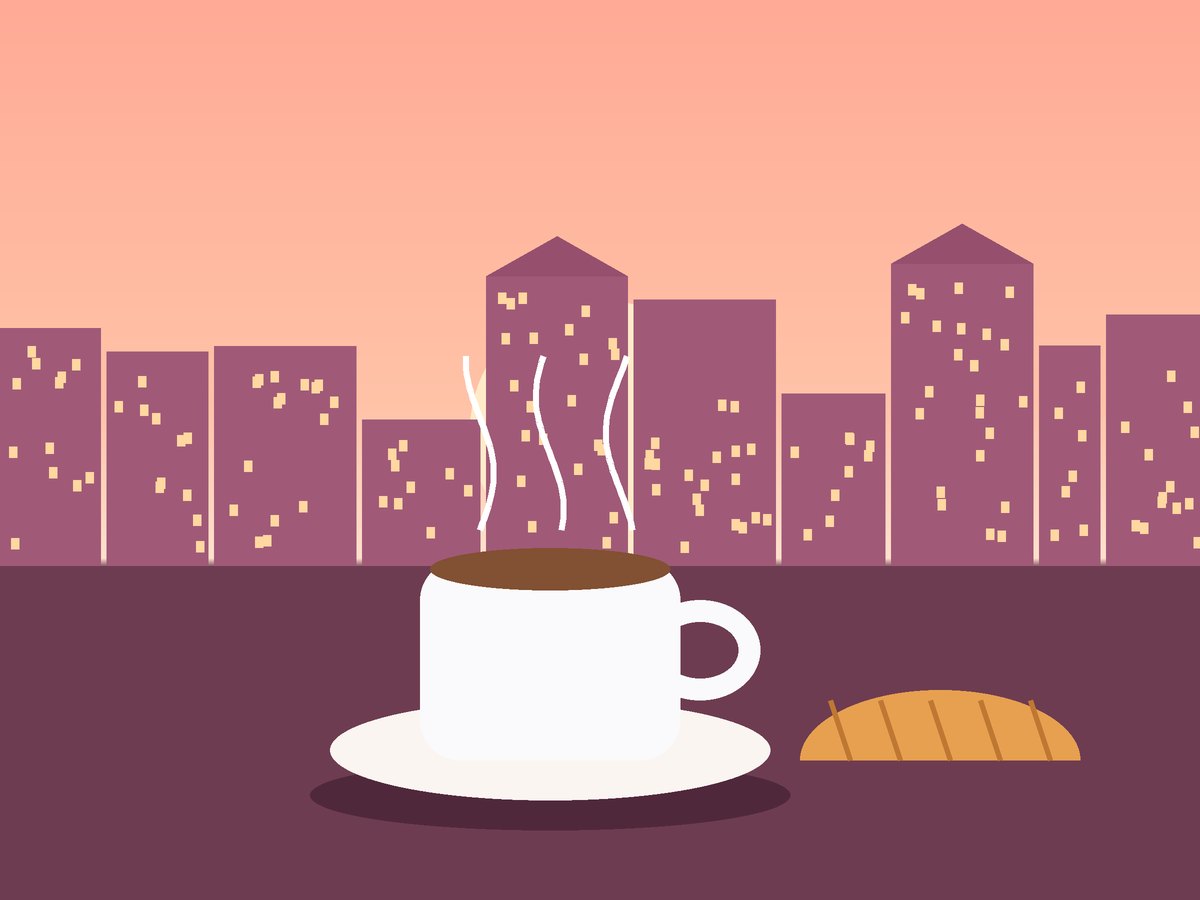 Illustration of a steaming cup at sunrise over rooftops