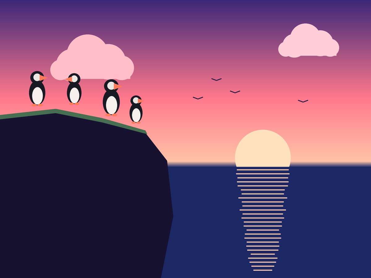 Illustration of puffins on a sea cliff at sunset
