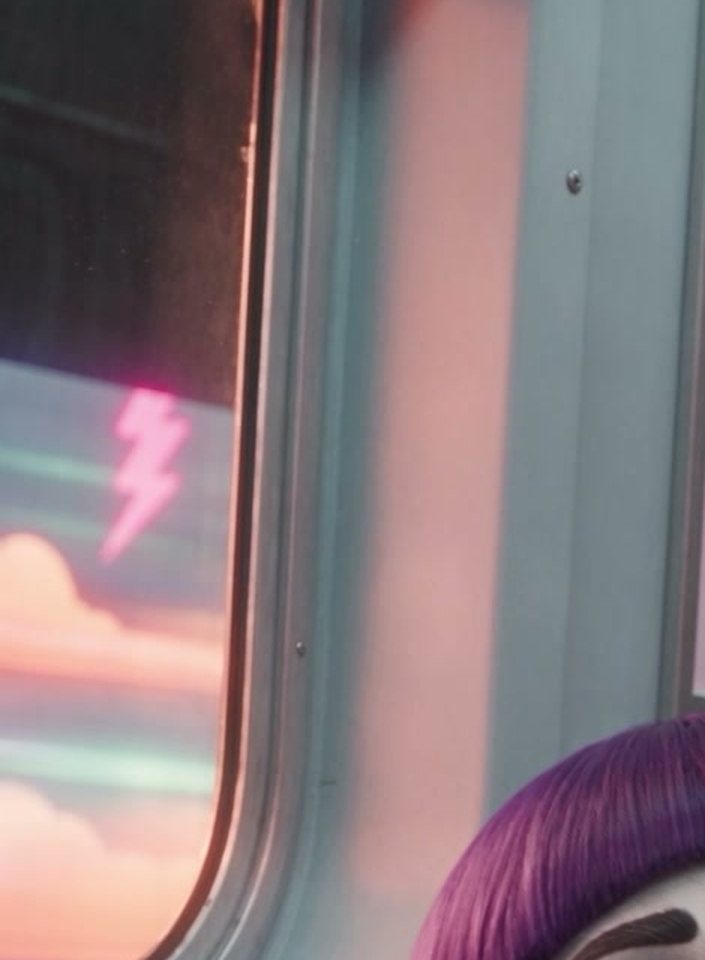 A metro window with pink clouds and a neon lightning bolt outside