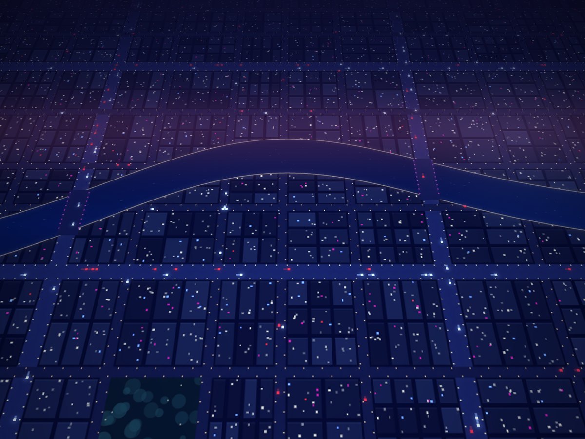A night city with a river seen from above in cool blue light