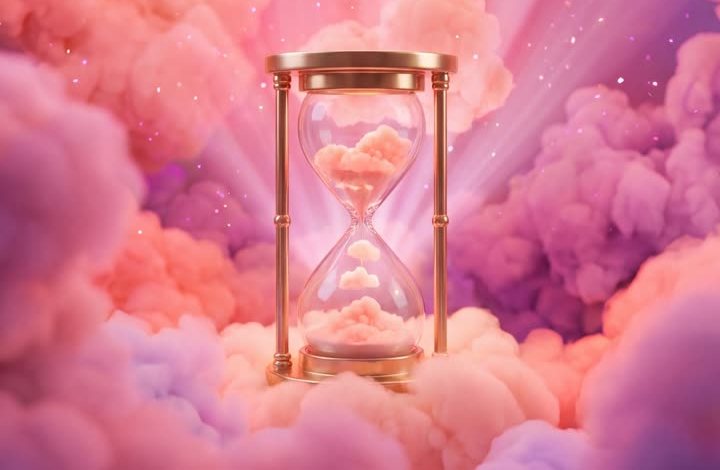 An hourglass filled with pink clouds