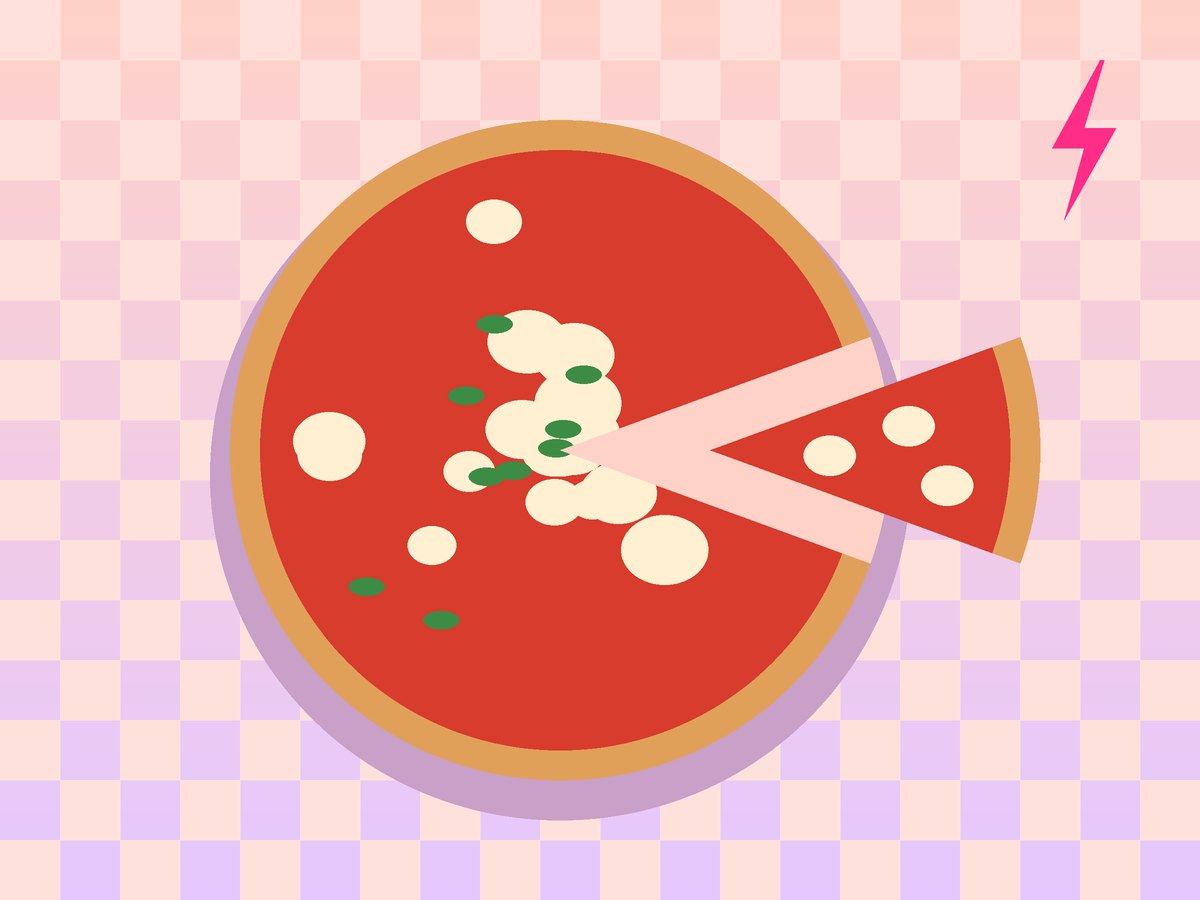 Illustration of a pizza with one slice pulled out