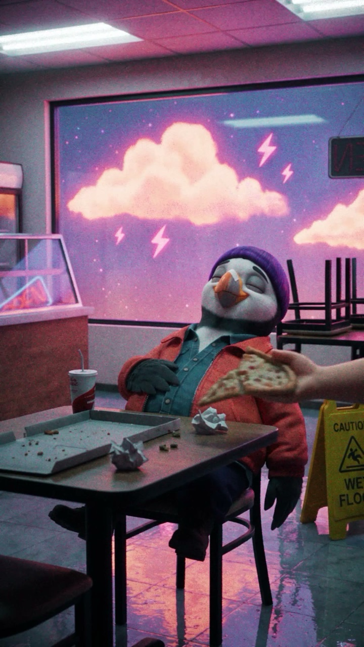 Puffin being handed one more slice at closing time
