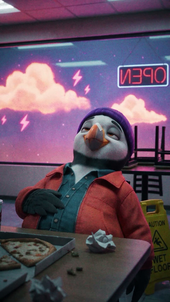 Puffin relaxing in a pizzeria after closing time